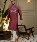 Maroon silk embroidery party wear kurta and payjama