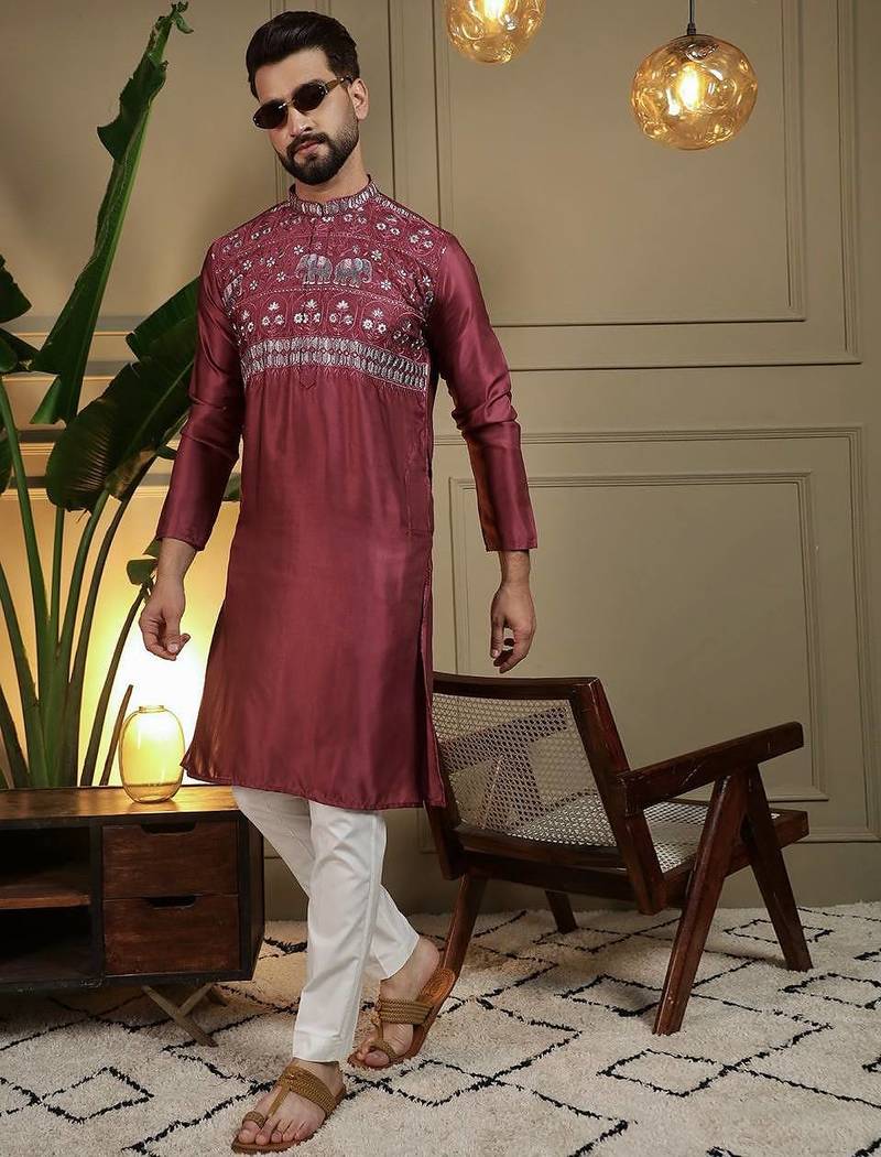 Maroon silk embroidery party wear kurta and payjama