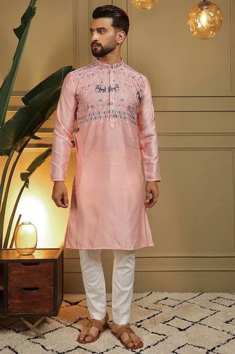 Pink silk embroidery party wear kurta and payjama