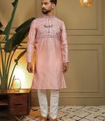 Pink silk embroidery party wear kurta and payjama