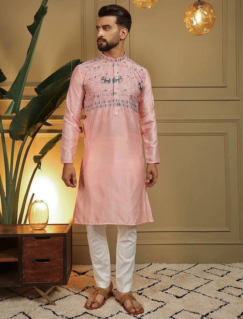 Pink silk embroidery party wear kurta and payjama