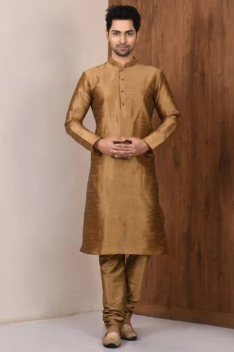 Brown art silk mens  kurta with churidar set