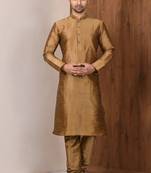 Brown art silk mens  kurta with churidar set