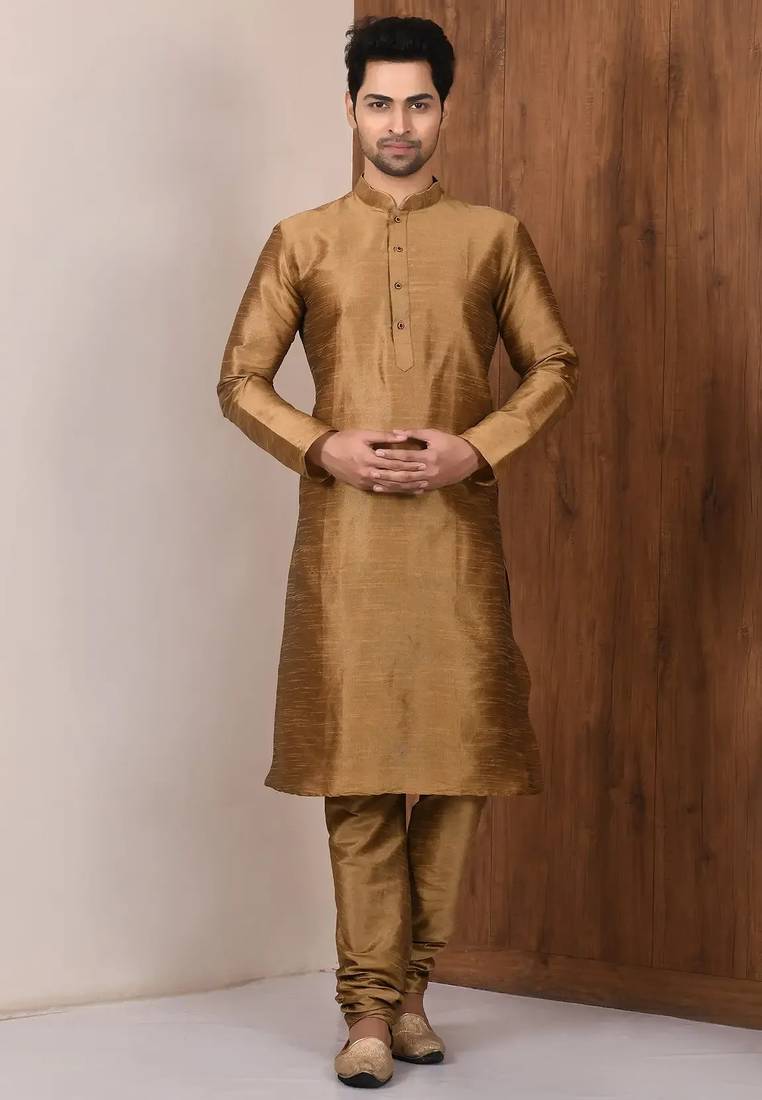 Brown art silk mens  kurta with churidar set