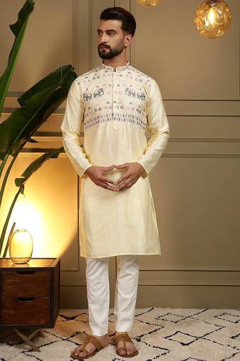 Yellow silk embroidery party wear kurta and payjama