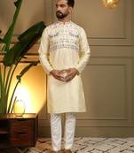 Yellow silk embroidery party wear kurta and payjama