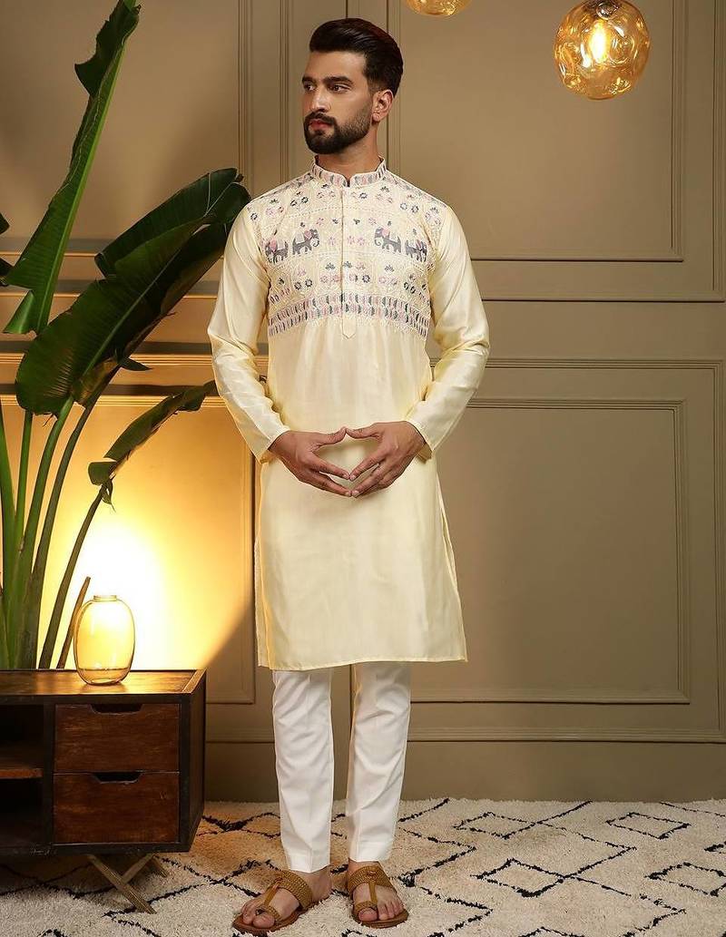 Yellow silk embroidery party wear kurta and payjama