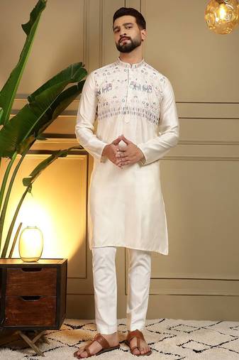 White silk embroidery party wear kurta and payjama