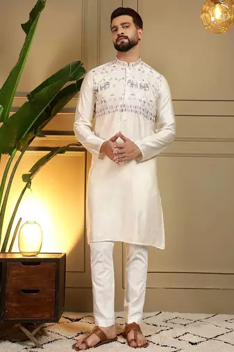 White silk embroidery party wear kurta and payjama