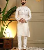 White silk embroidery party wear kurta and payjama