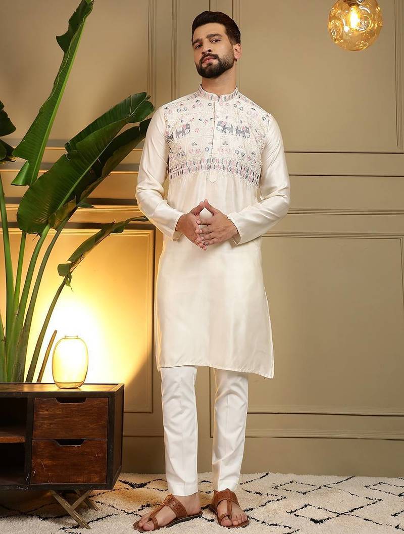 White silk embroidery party wear kurta and payjama
