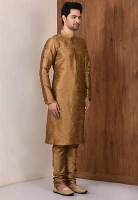 Brown art silk mens  kurta with churidar set 3