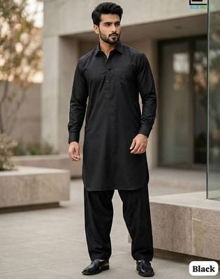Black cotton plain party wear kurta and payjama 1