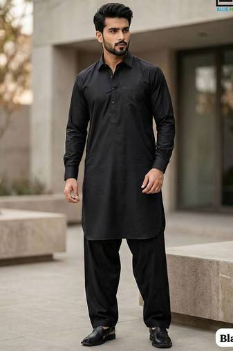 Black cotton plain party wear kurta and payjama