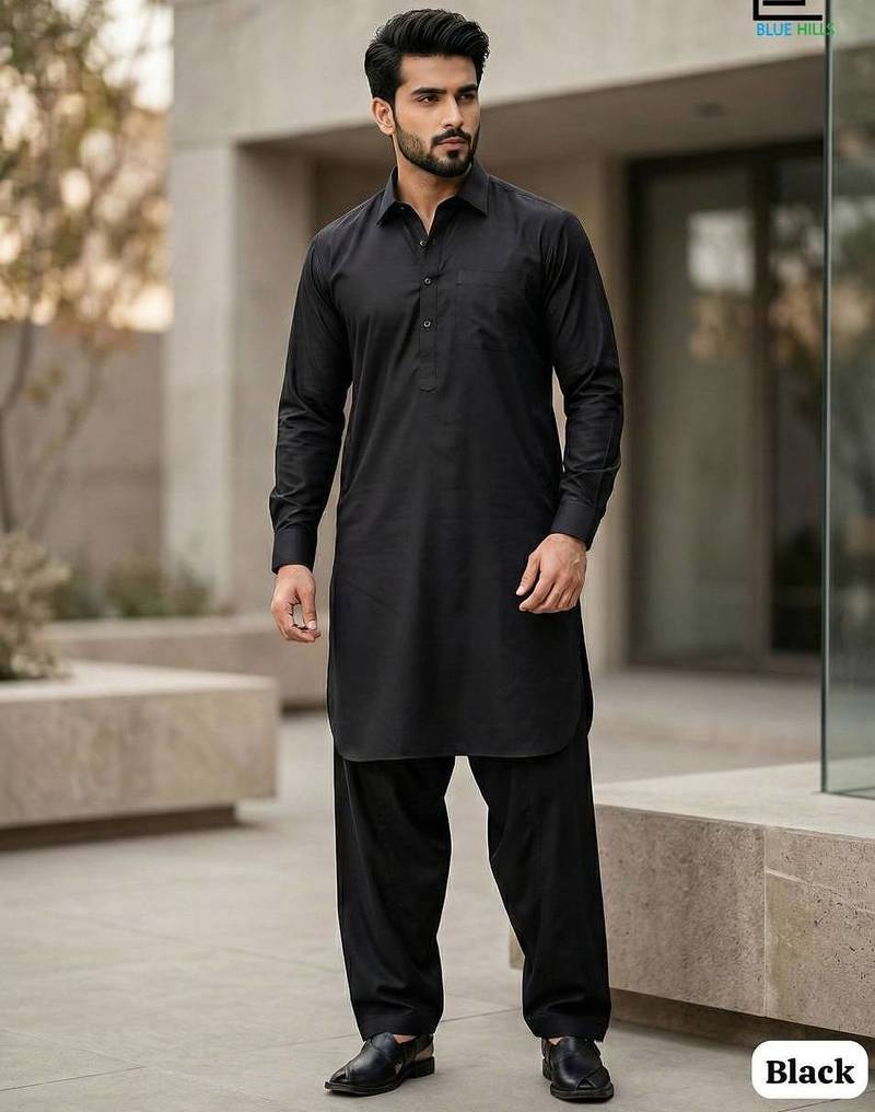 Black cotton plain party wear kurta and payjama