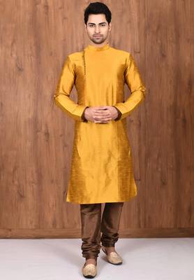 Mustard art silk mens  kurta with churidar set 1