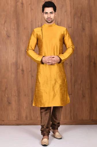 Mustard art silk mens  kurta with churidar set