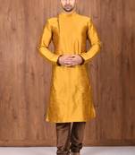 Mustard art silk mens  kurta with churidar set