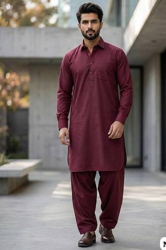 Maroon cotton plain party wear kurta and payjama