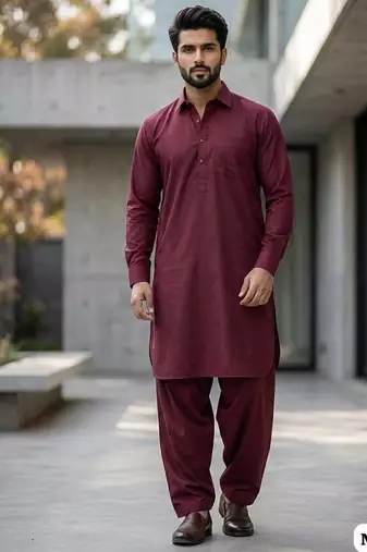 Maroon cotton plain party wear kurta and payjama