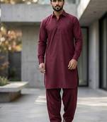 Maroon cotton plain party wear kurta and payjama