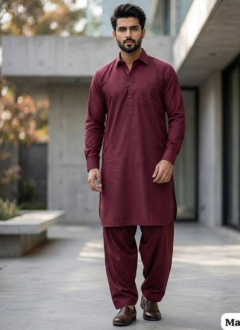 Maroon cotton plain party wear kurta and payjama