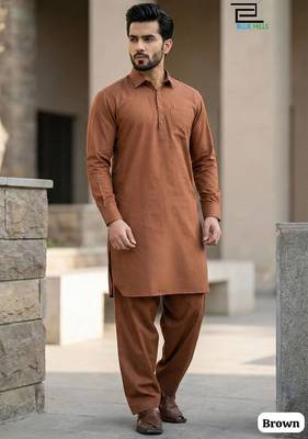 Orange cotton plain party wear kurta and payjama 1