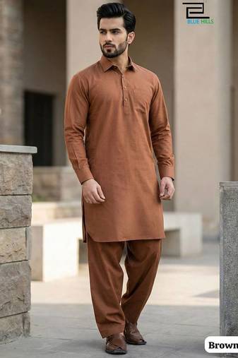 Orange cotton plain party wear kurta and payjama