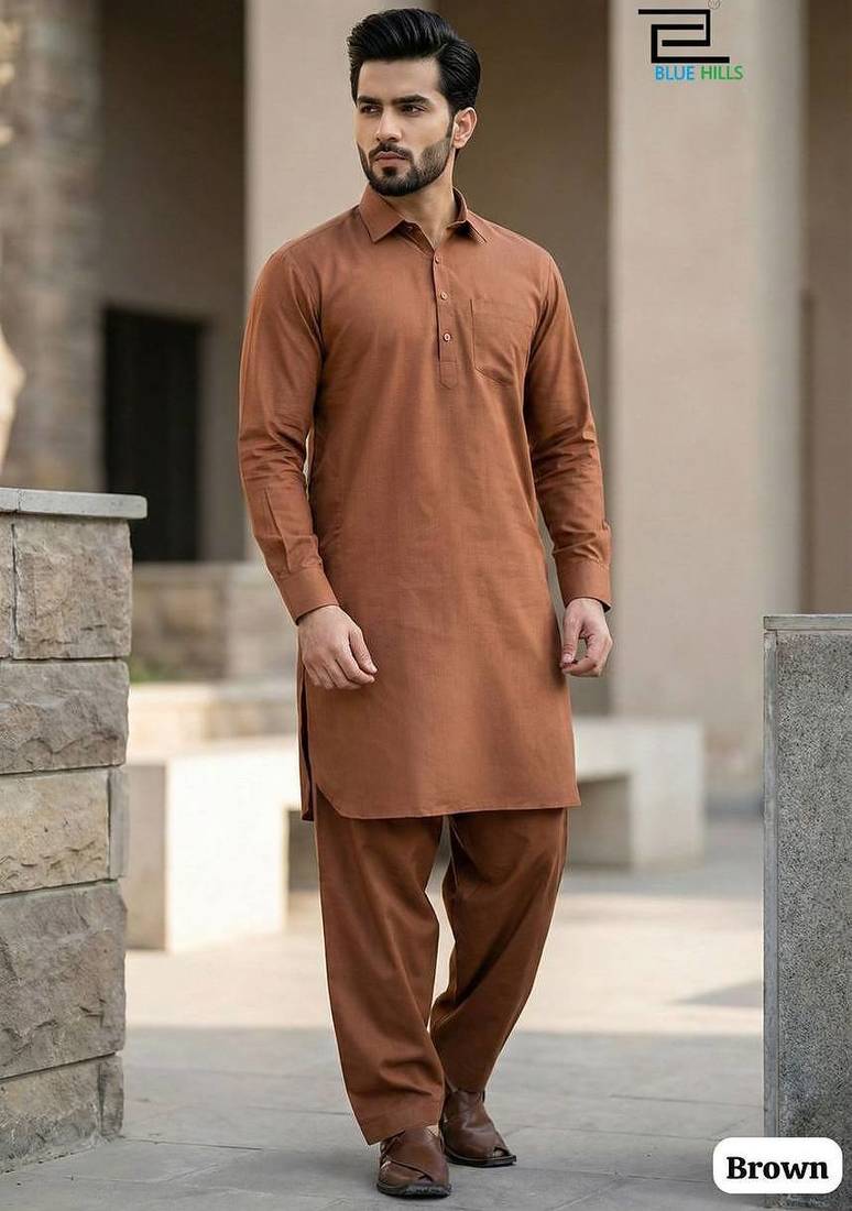 Orange cotton plain party wear kurta and payjama