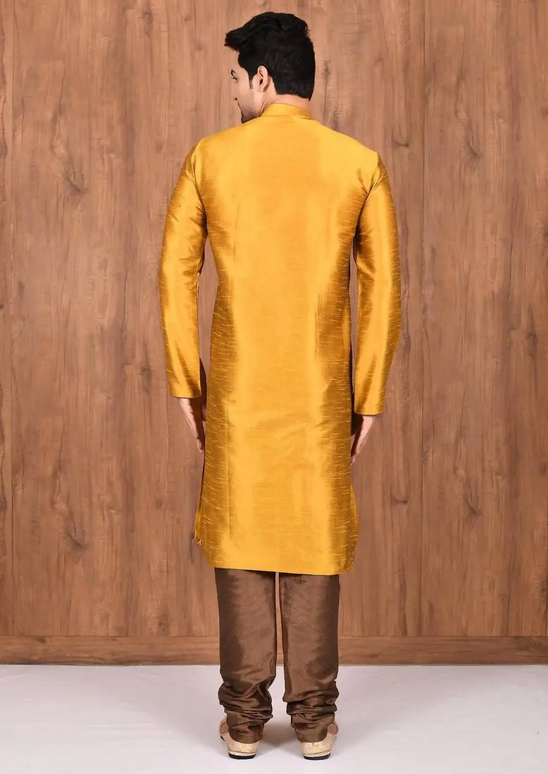 Mustard art silk mens  kurta with churidar set