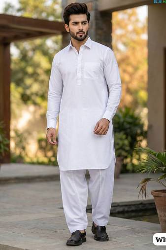 White cotton plain party wear kurta and payjama