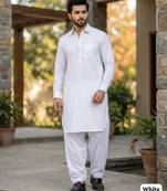 White cotton plain party wear kurta and payjama