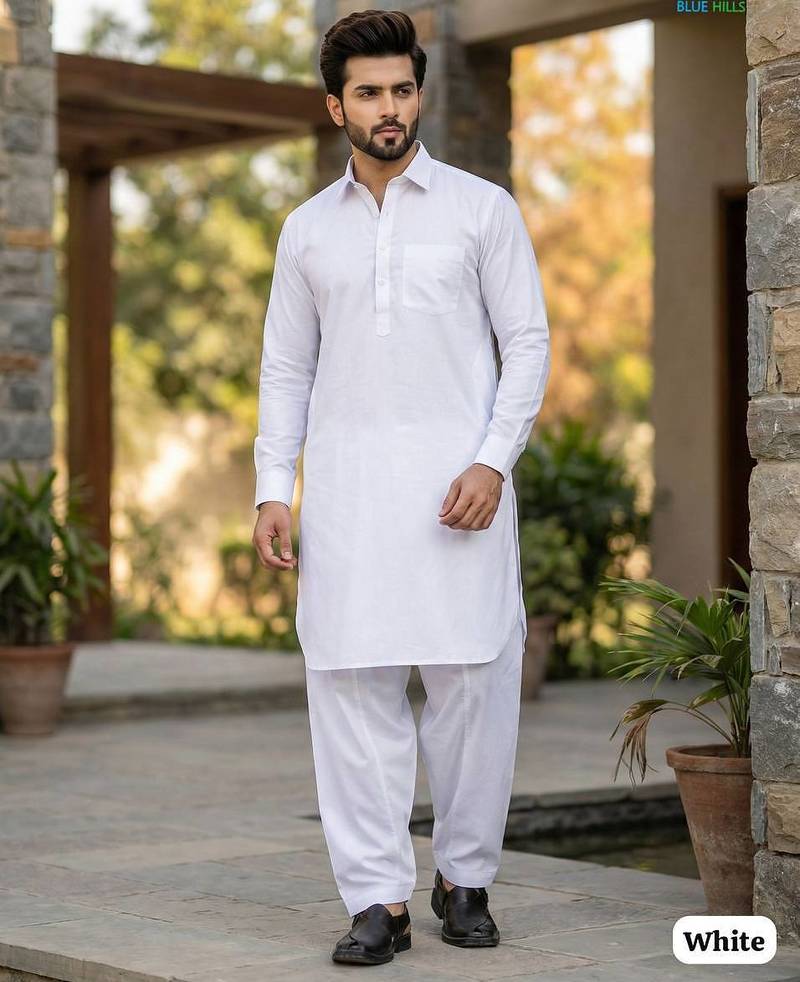White cotton plain party wear kurta and payjama