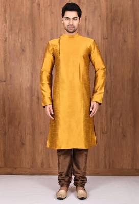 Mustard art silk mens  kurta with churidar set 3