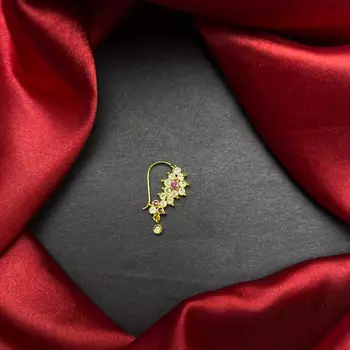 floral nath nose pin with cz stone, gold finish 1