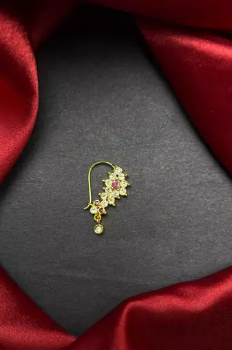 floral nath nose pin with cz stone, gold finish