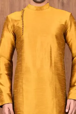 Mustard art silk mens  kurta with churidar set 4