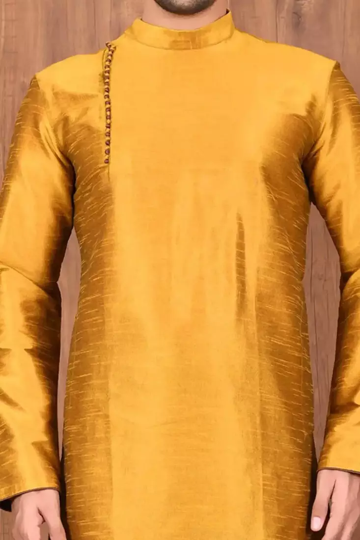 Mustard art silk mens  kurta with churidar set