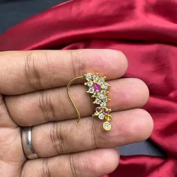 floral nath nose pin with cz stone, gold finish 2