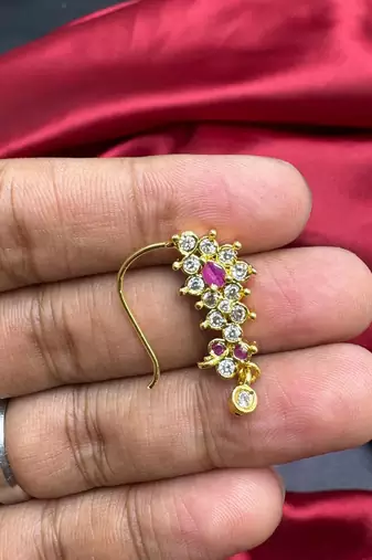 floral nath nose pin with cz stone, gold finish