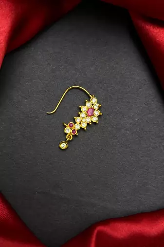 floral nath nose pin with cz stone, gold finish