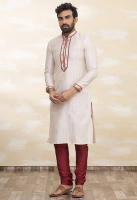 Cream art silk mens  kurta with churidar set 1