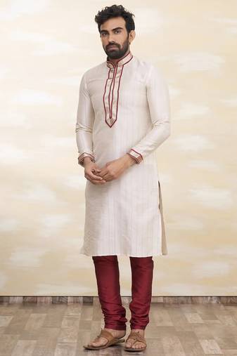 Cream art silk mens  kurta with churidar set