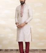 Cream art silk mens  kurta with churidar set