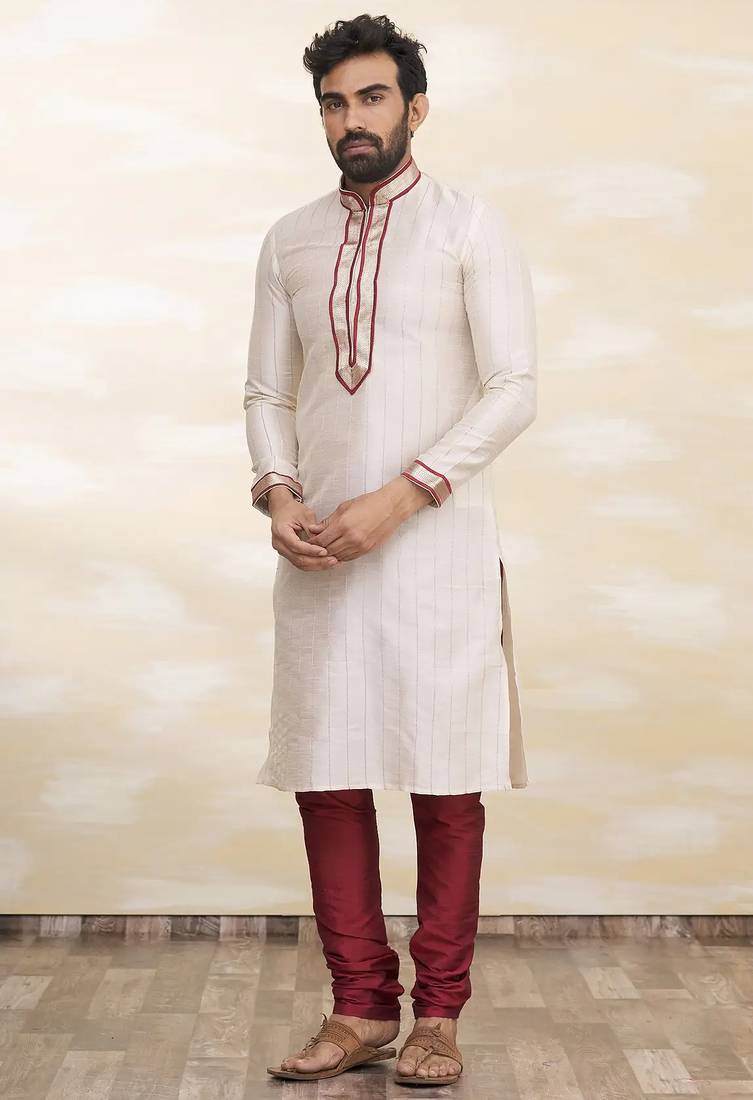 Cream art silk mens  kurta with churidar set