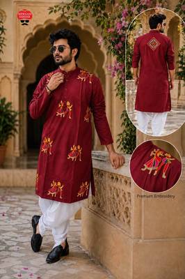 Maroon cotton plain party wear kurta and dhoty 1