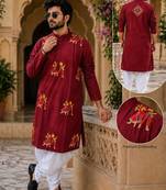 Maroon cotton plain party wear kurta and dhoty