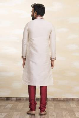 Cream art silk mens  kurta with churidar set 2