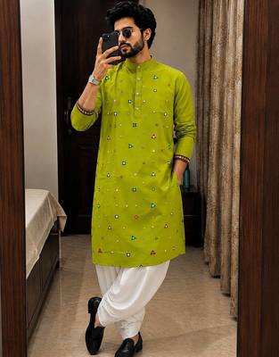 Green cotton embroidery party wear kurta and dhoty 1