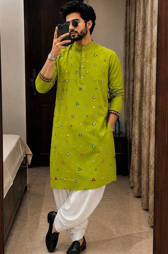 Green cotton embroidery party wear kurta and dhoty